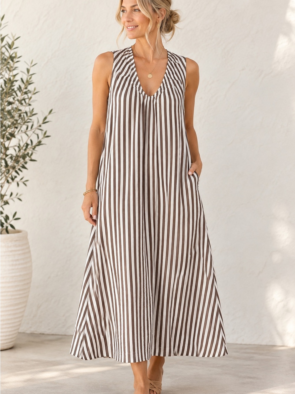Sleeveless V-Neck Brown Stripe Maxi Dress size Small G-11